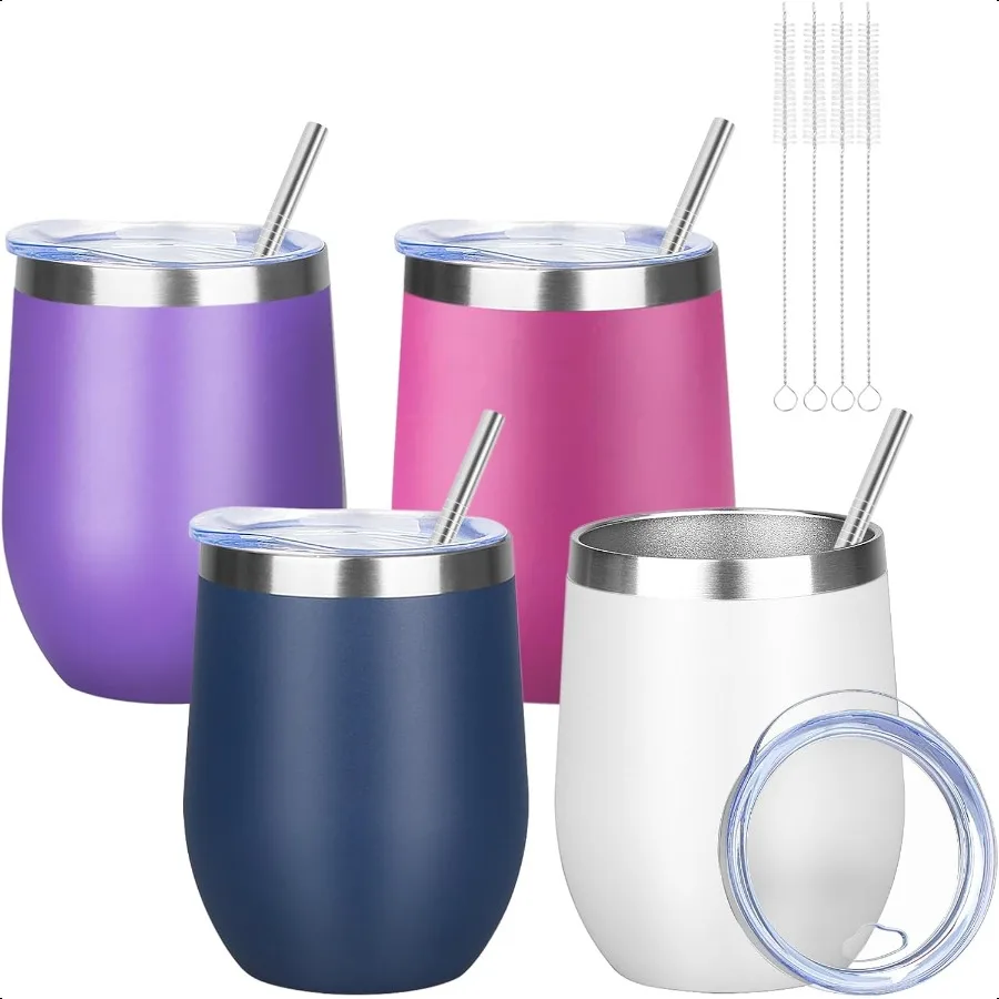 

12oz 4 Pack Wine Tumbler Glasses with Lid Steml Double Wall Vacuum Stainl Steel Travel Tumbler Keeping Cold Hot for WineCoffee