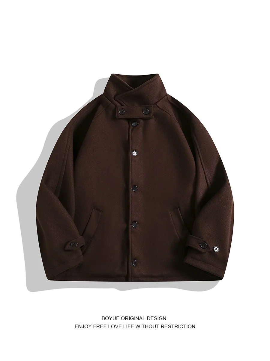 

Мужское шерстяное пальто Boyue в стиле ретро с воротником-стойкой, однотонное, в стиле преппи, на одной пуговице, для весны, осени и зимы