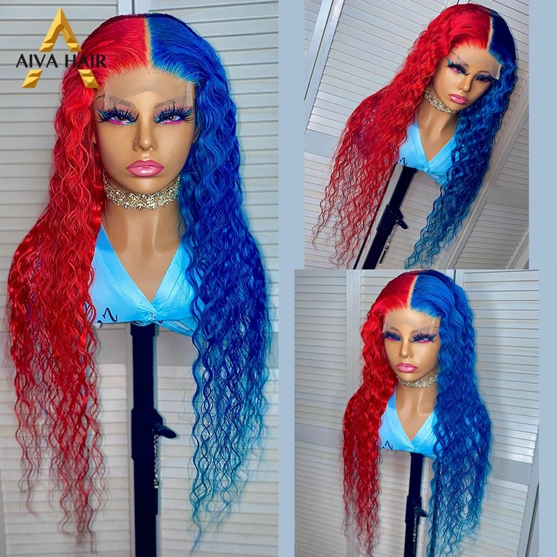 Mezzo rosso mezzo blu colore 30 pollici crespi ricci 13x4 pizzo sintetico anteriore invisibile Drag Queen parrucche Cosplay per le donne nere 180%