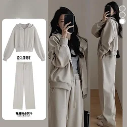 Women Tracksuit Two Pieces Set Long Sleeve Hooded Hoodies Wide Leg Pants Pockets Zipper Cardigan Drawstring Loose High Street