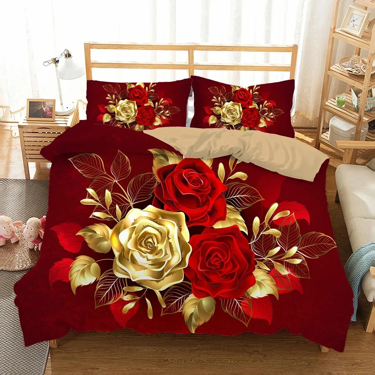 3D Shiny Red Golden Rose Flowers Duvet Cover Set with Pillowcase Valentine's Day Luxury Bedding Set Bedroom Dorm Decor Bed Sets