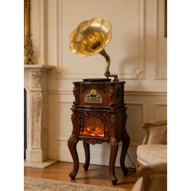 French medieval carved fireplace phonograph, retro vinyl record player