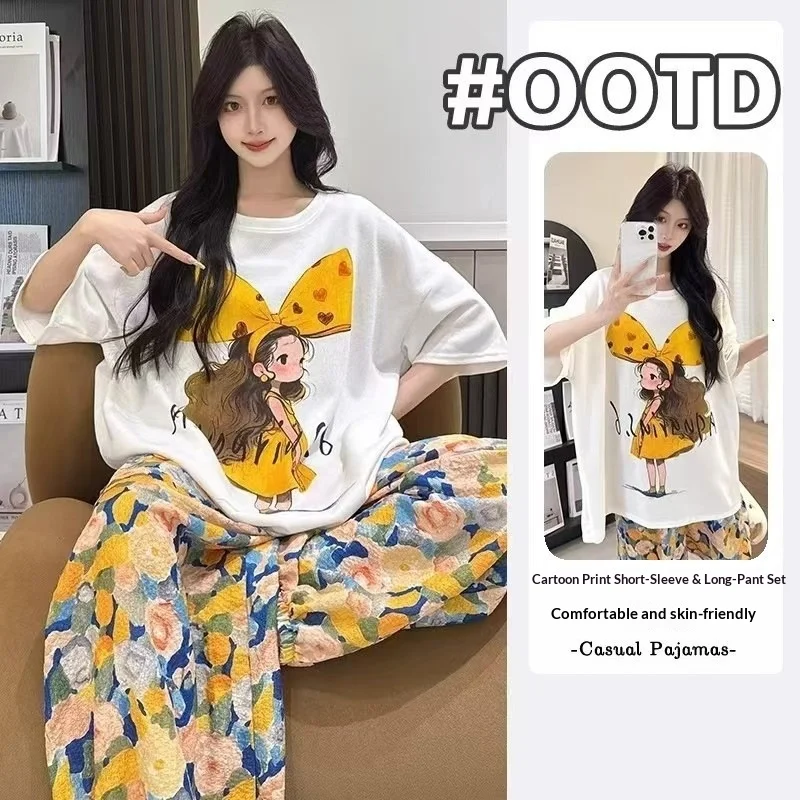 Summer New Women's Short Sleeved Sleepwear Home Suit Set Cartoon Pullover Loose Lazy Style Sleepwear Home Suit Two-Piece Set