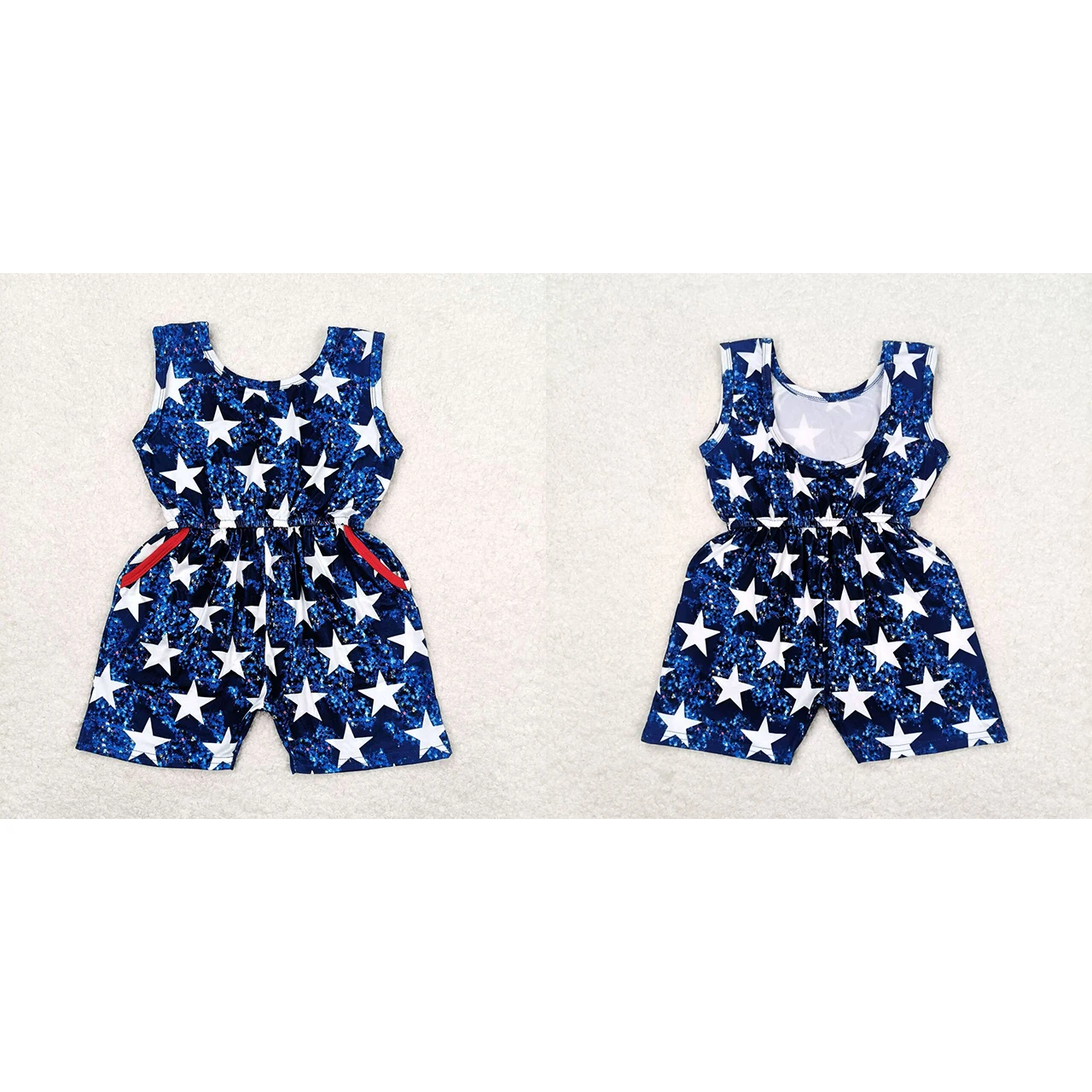 

Wholesale Summer July 4th Stars Slip Jumpsuit Toddler Children Blue Red Bell Pants One-piece Baby Girl Kid independence Clothing