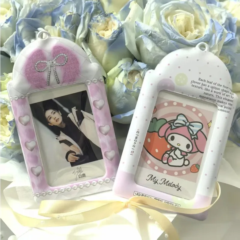 Girl Pink Bow Card Holder 3 Inch Kpop Photocard Polaroid Photo Card Case Card Clip Kpop Storage Sleeve