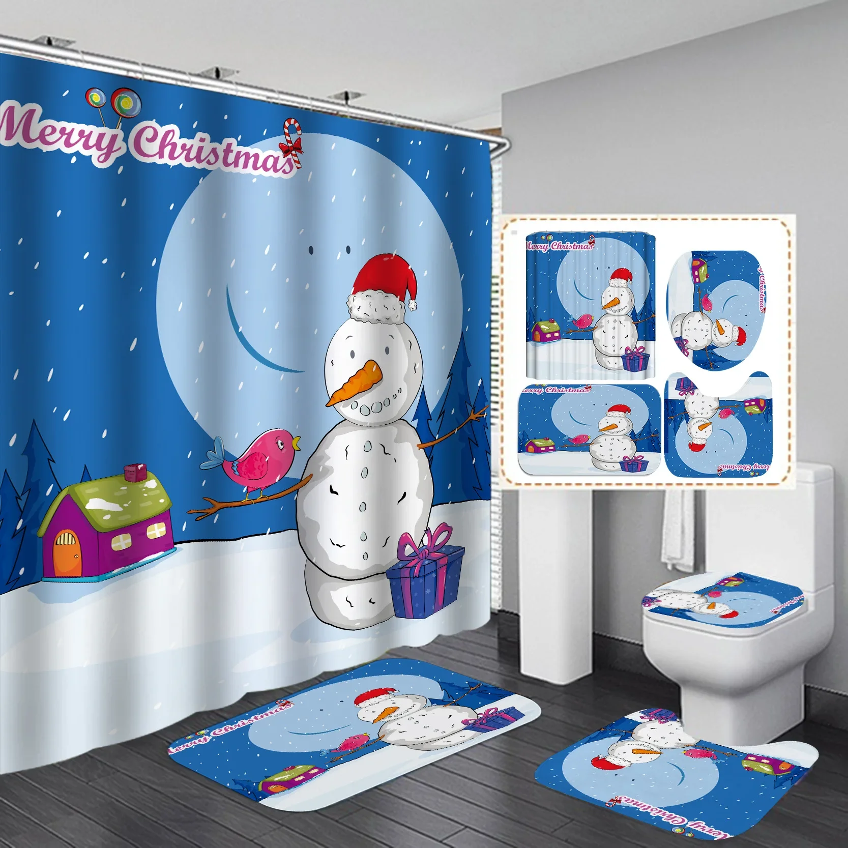 Christmas Shower Curtain Set Santa Snowman Reindeer Xmas Print Waterproof Bath Curtain 3/4pcs Bathroom Holiday Decor