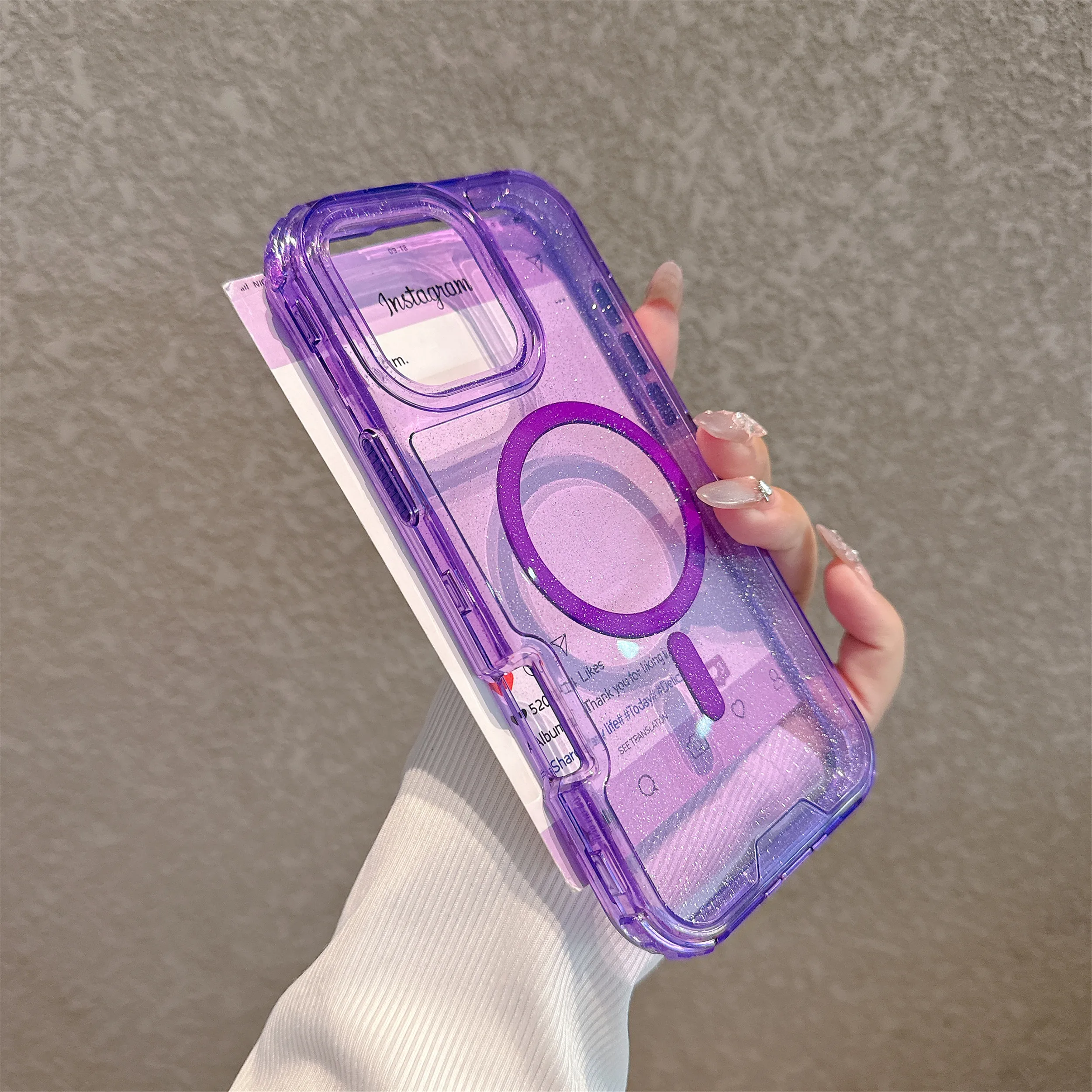 Funda magnética resistente y dura 3 en 1 con purpurina a prueba de golpes para iPhone 15, 14, 13, 12, 11, 16 Pro Max Plus, funda de carga inalámbrica Magsafe