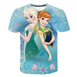 Disney 3D Print T-shirt para meninas, tops congelados, Anna e Elsa, camisas dos desenhos animados da rainha da neve, verão, novo, 2024