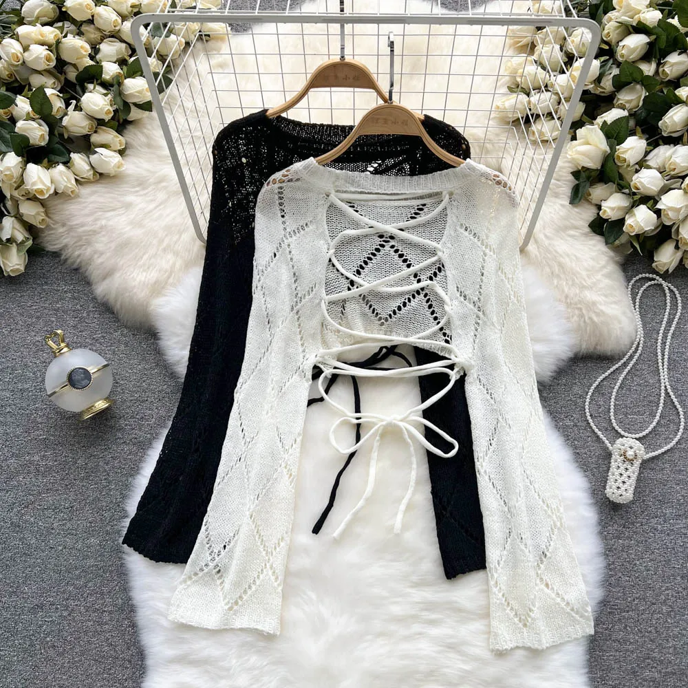 

Summer New Women's Knitted Sun Protection Top Hollow out Ba Tie ort Sle V-Ne Long Sve Slim Fit Cardigan Korean Sle