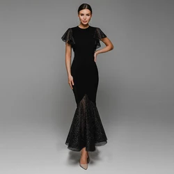 Glitter Mermaid Prom Dresses Short Sleeves Ruffles Ankle Length Evening Party Gown Zipper Back O Neck Custom Made Vestidos Noche