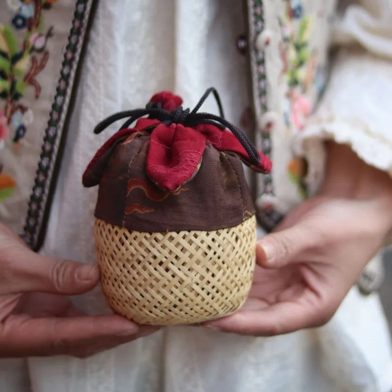 Chinese Style Bamboo Woven Double Layer Cup Cage Portable Travel Tea Set Storage Basket Craft Decor