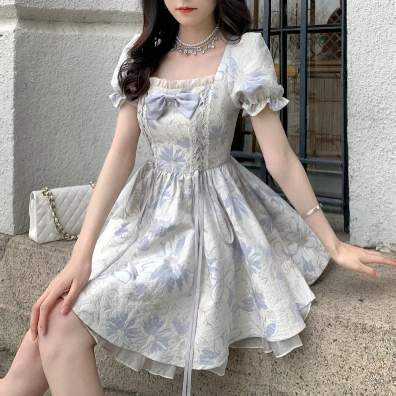 

Sweet Lolita Style Princess Dress Women Elegant Square Collar Bow Puff Sleeve Party Mini Dresses Girls Korean Kawaii Print Dress