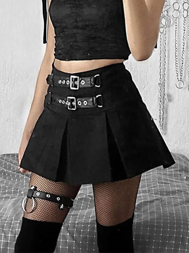 Jmprs harajuku belt black skirt women y2k high waist High Waist Dark Academic mini skirts gothic casual pleated streetwear skirt