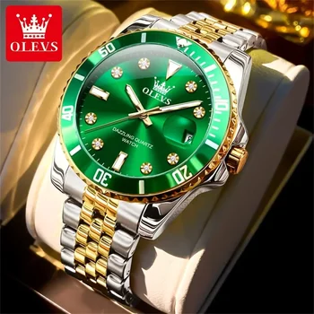 OLEVS new original luxury men&#x27;s watch green waterproof Quartz watch for men stainless steel strap diamond scale Relógio Masculino