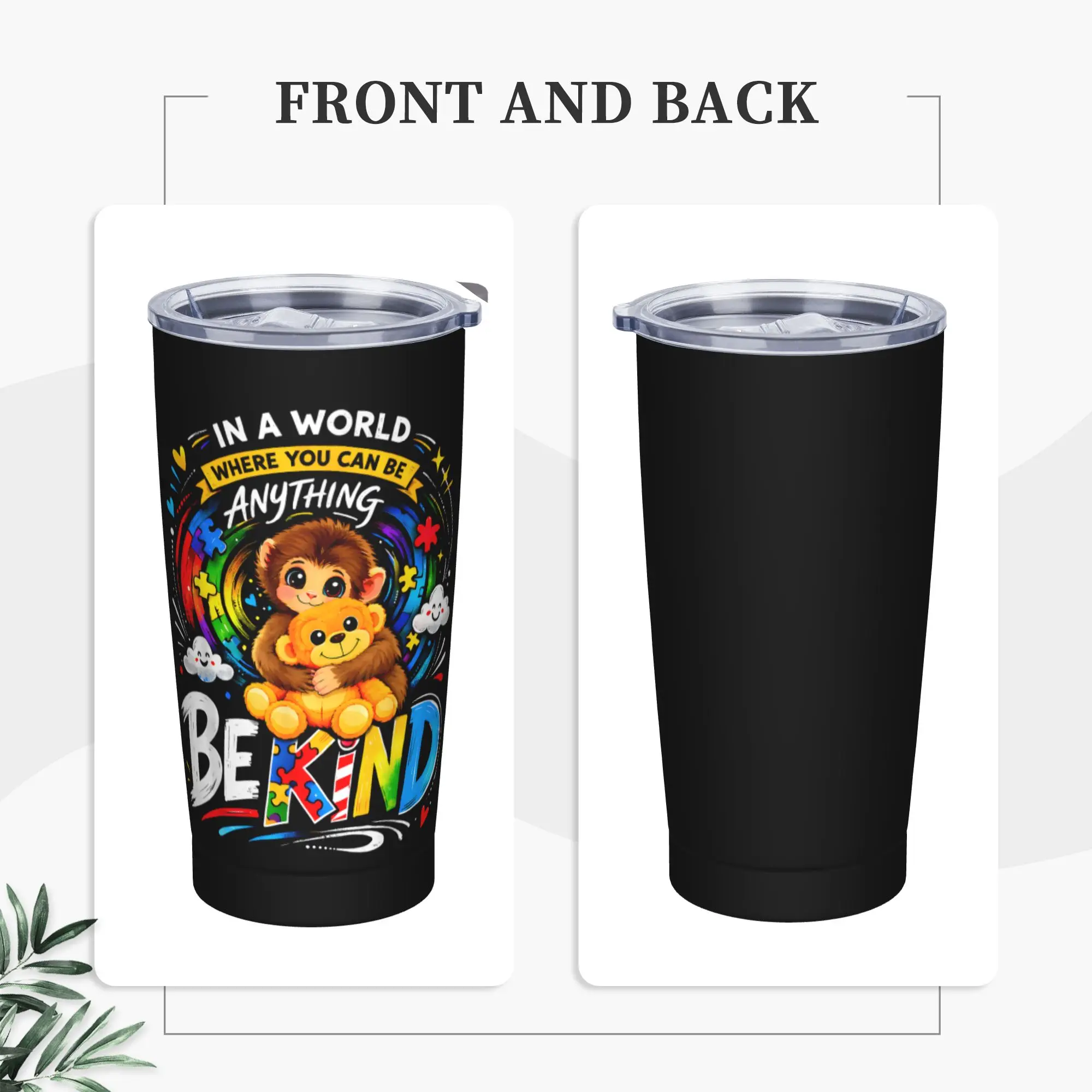 Stainless Steel Tumbler Monkey Punch Autism Awareness Be Kind Thermal Mug  Insulated Cold Drink Car Mugs Camping Water Bottle
