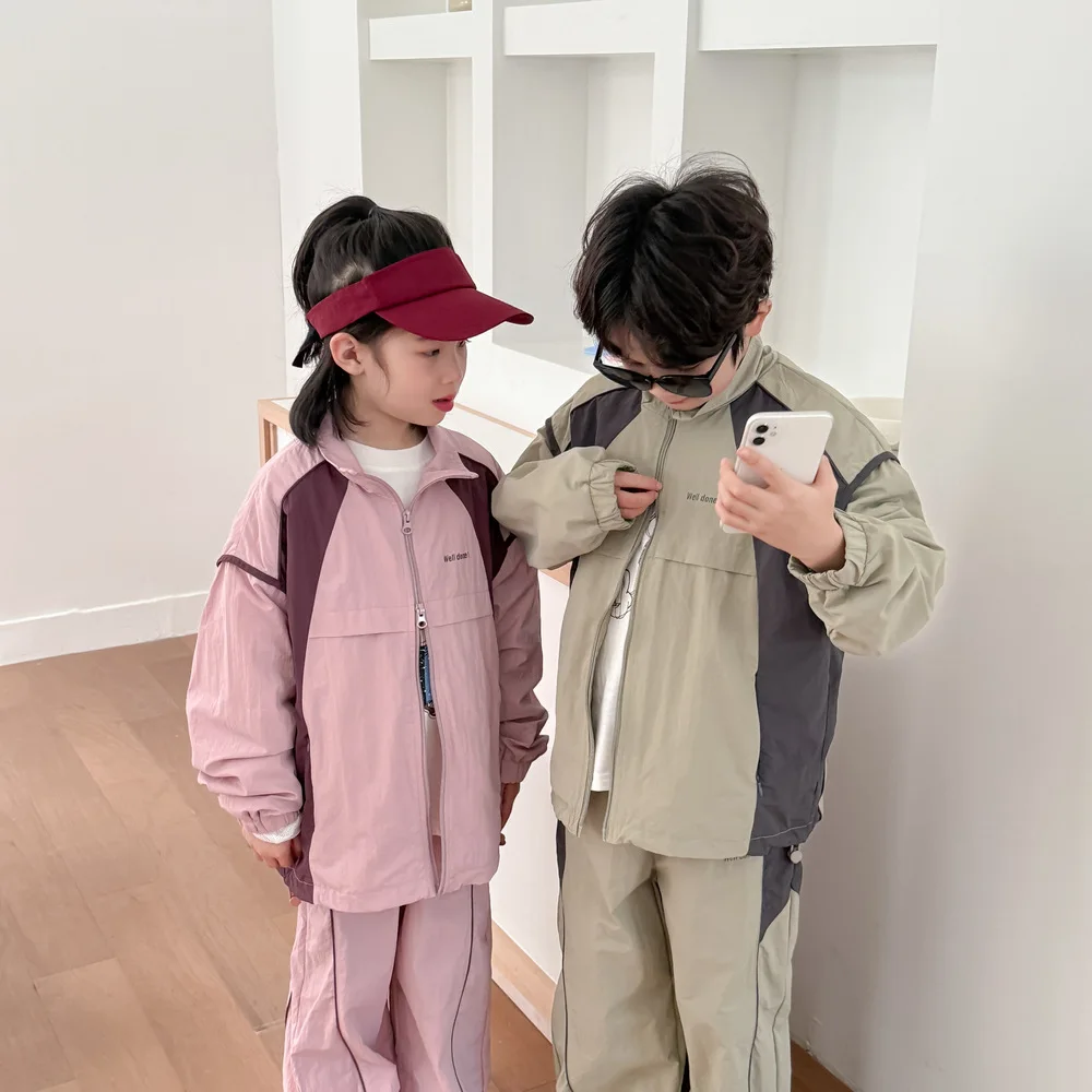 Spring Children Girl 2PCS Clothes Set Cotton Spliced Letter Zipper Jacket Loose Causal Elastic Wasit Sports Pant Kid Girl Outfit