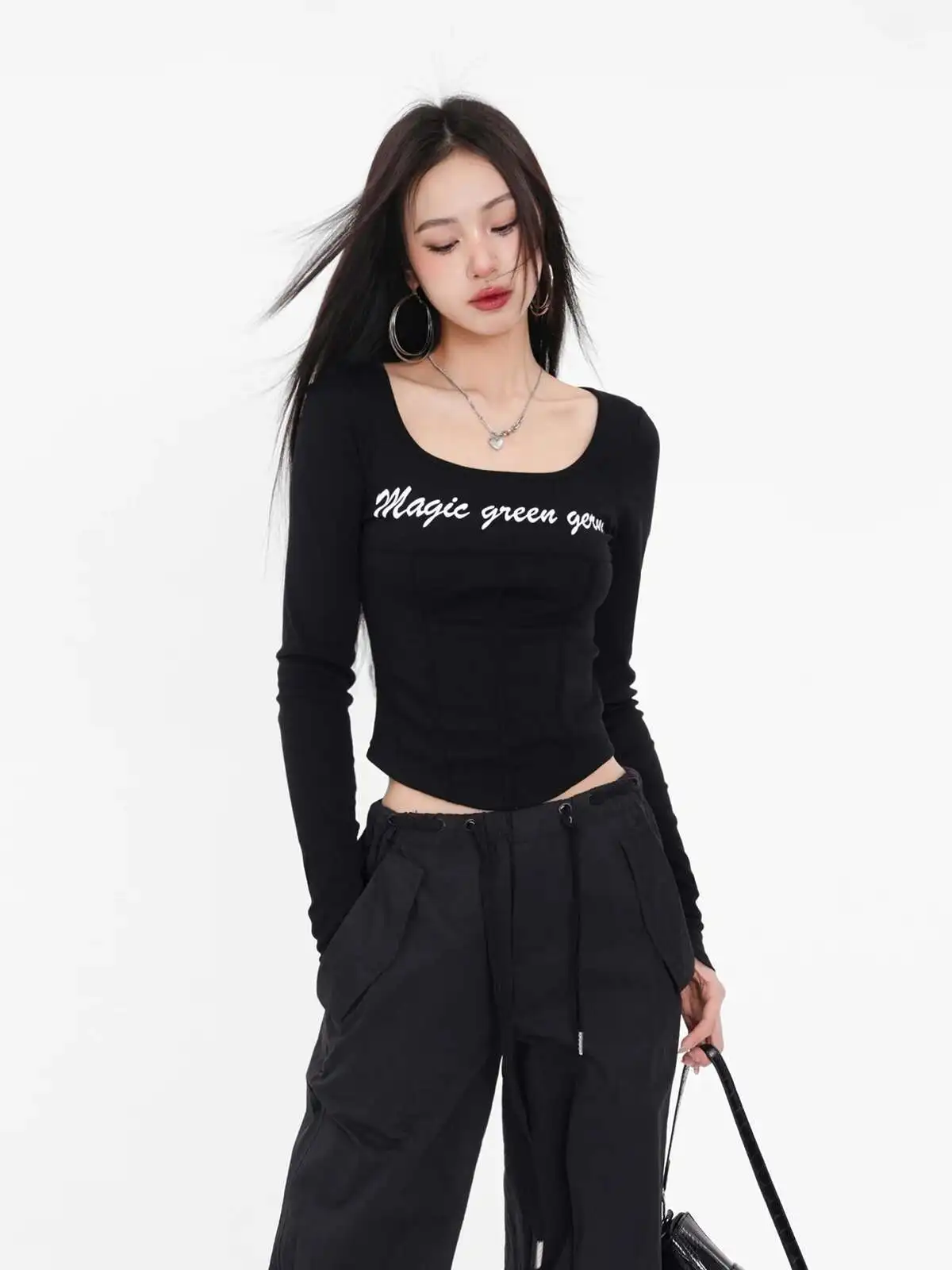 

Футболка в стиле ретро Spicy Girl Design Sense, весна/осень, с длинными рукавами и принтом, с круглым вырезом, облегающий топ BYXF