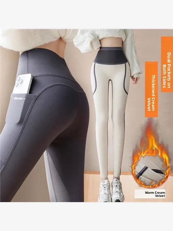 

Comfortable Fce Lined High Waist Yoga Pants Double ket Warm Base Layer Pants Autumn Winter ark Skin Trousers plus Size