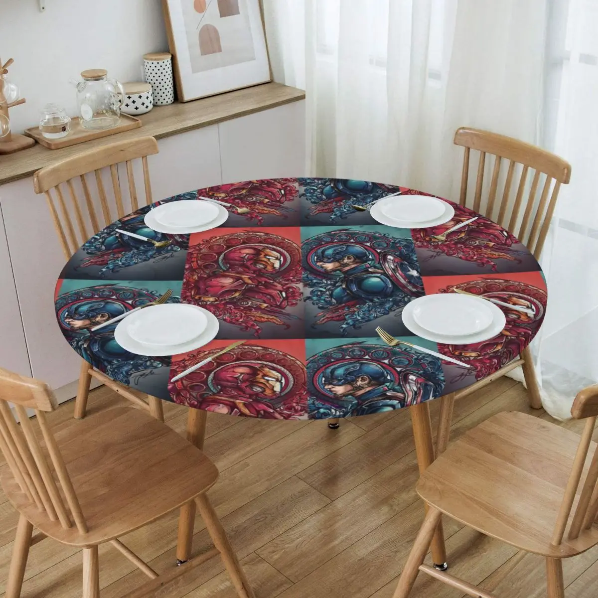 Custom Disney Iron Man Marvel Film Tablecloth Round Elastic Fitted Oilproof Table Cover Cloth for Kitchen