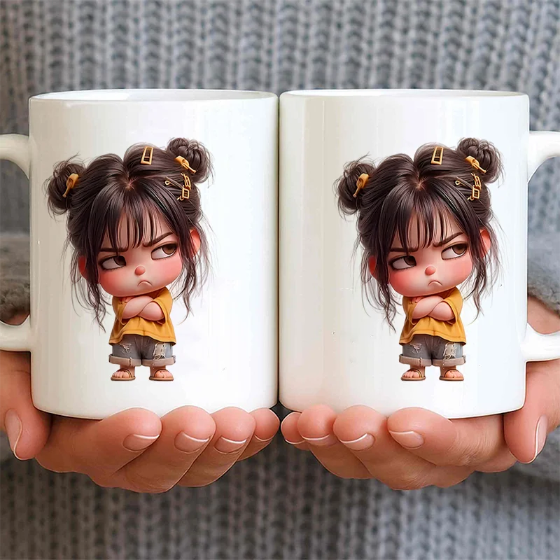 Cute Angry Girl Cartoon Colorful Print Ceramic Coffee Mug 11oz 350ml Personalized Custom Microwave Safe Cute Aesthetic Office Bi