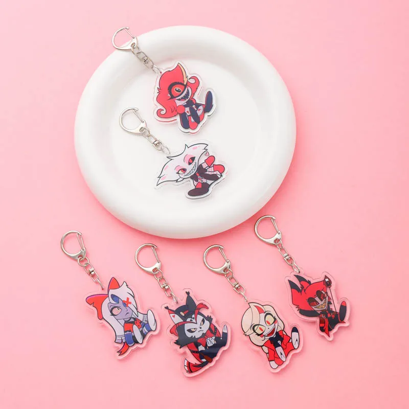 شخصيات كرتونية هازبين فندق أكريليك متعة المفاتيح اكسسوارات Kawaii حقيبة سحر ظهره قلادة حلقة رئيسية المشجعين الأصدقاء الهدايا