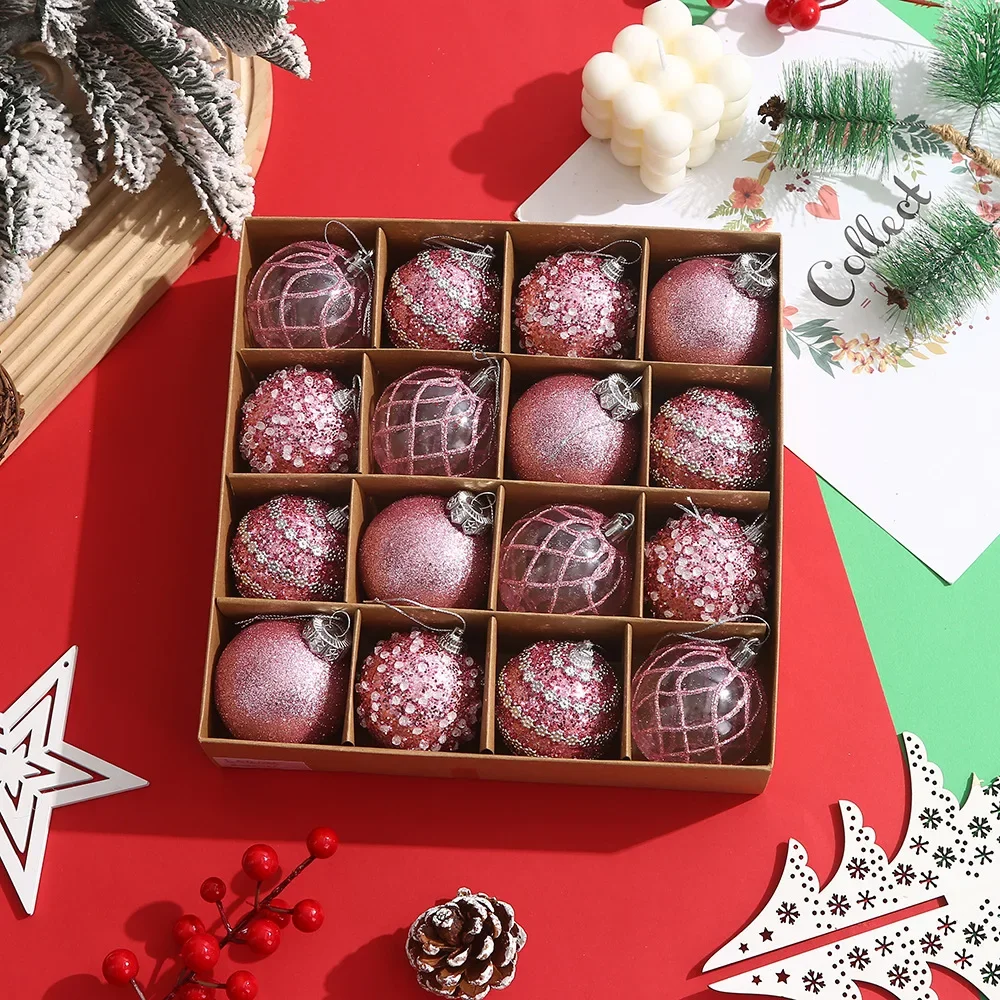 6cm Sparkling Pink Christmas Ball Set Plastic Christmas Tree Hanging Pendant Home Decoration Xmas Party Supplies Ball Ornament