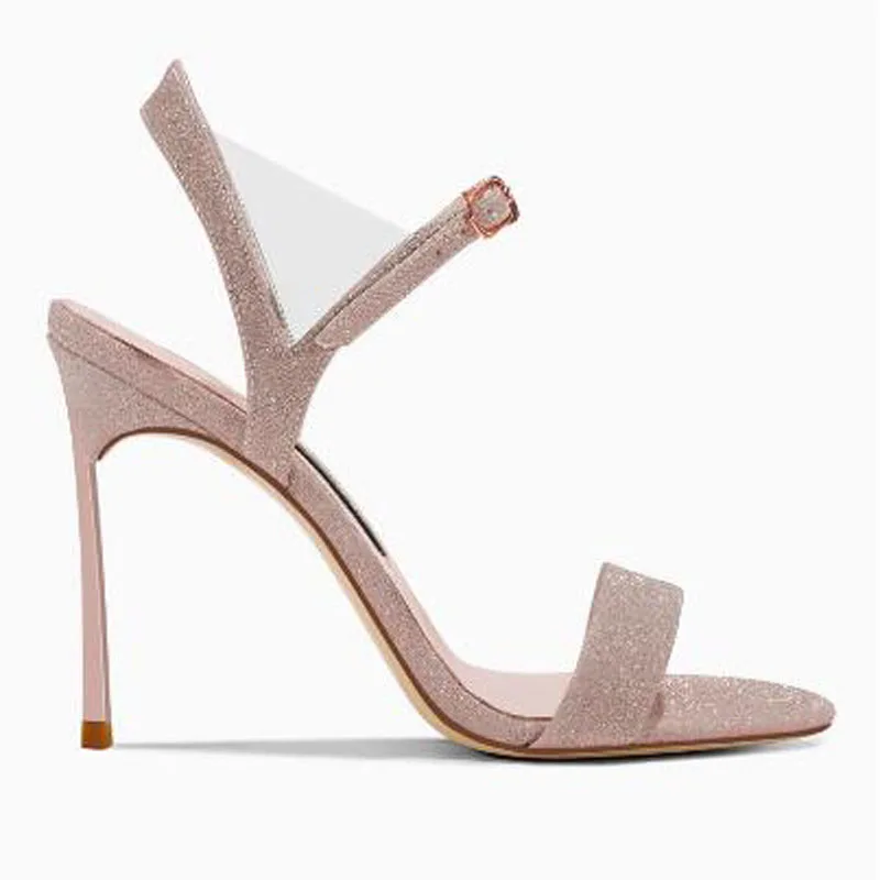 Elegant Women Black Soft Leather Metal Blade Heels Summer Sandals Sliver Glitter One Line Ankle Strap Banquet Stiletto Pumps