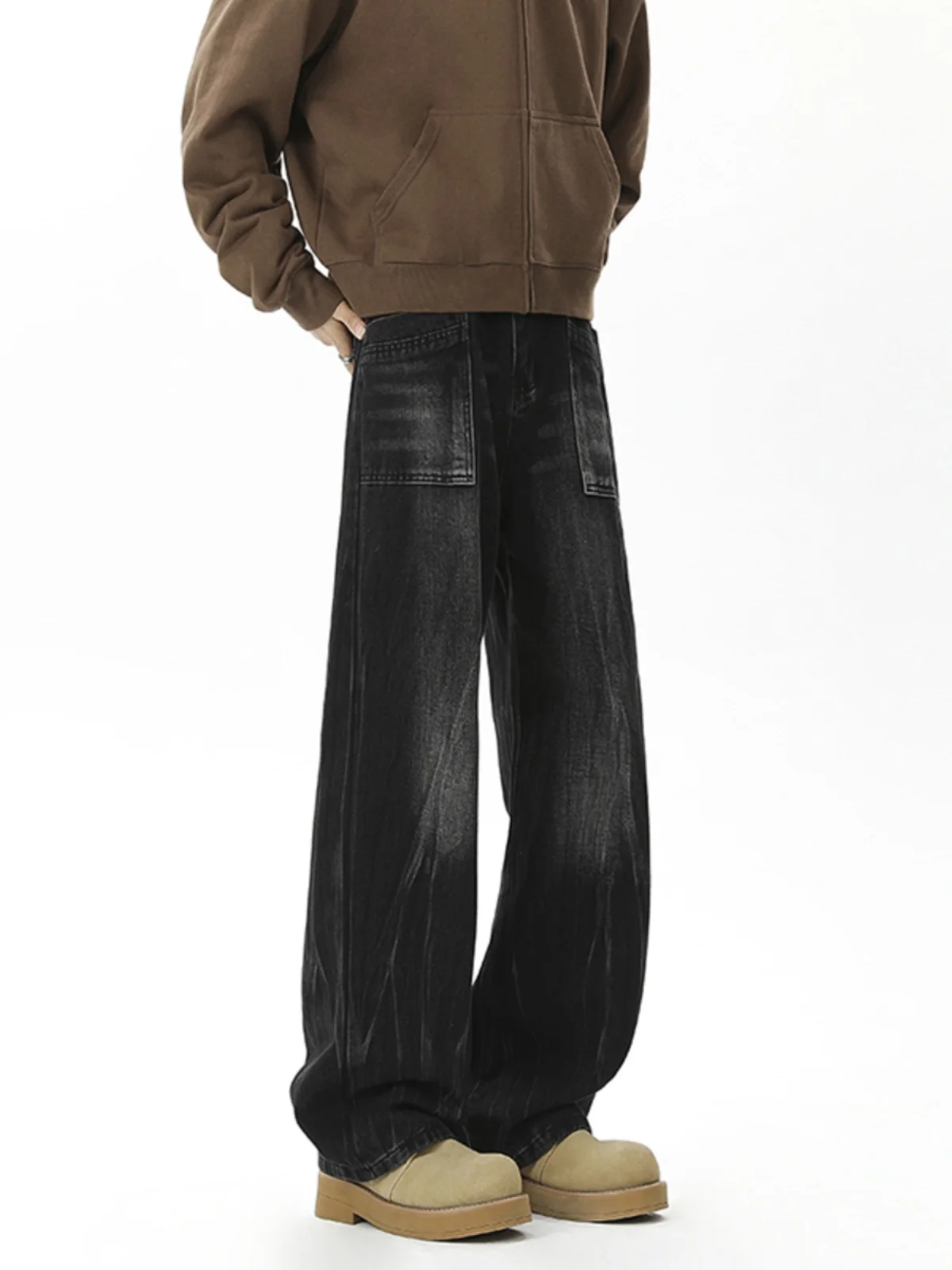 

Американские ретро-джинсы из черного денима для мужчин, осенне-зимние, в стиле High Street, широкие прямые брюки, свободного кроя