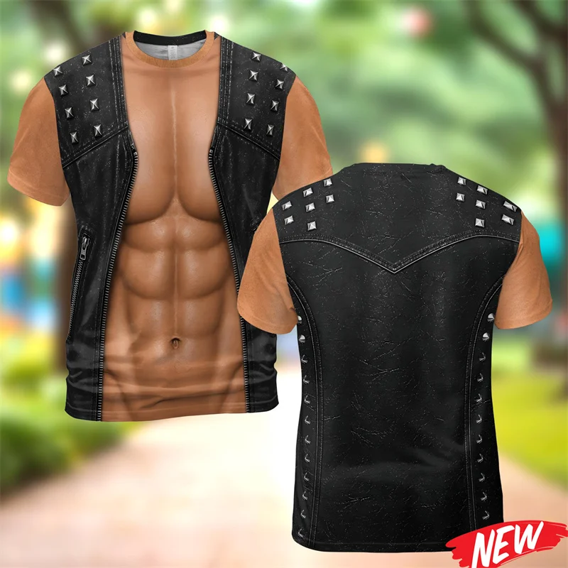 Funny 3D Hairy Chest T-shirt For Men Fake Muscle Graphic Tshirt Holiday Party Round Neck Tee Shirt Street Casual Short Sleeves