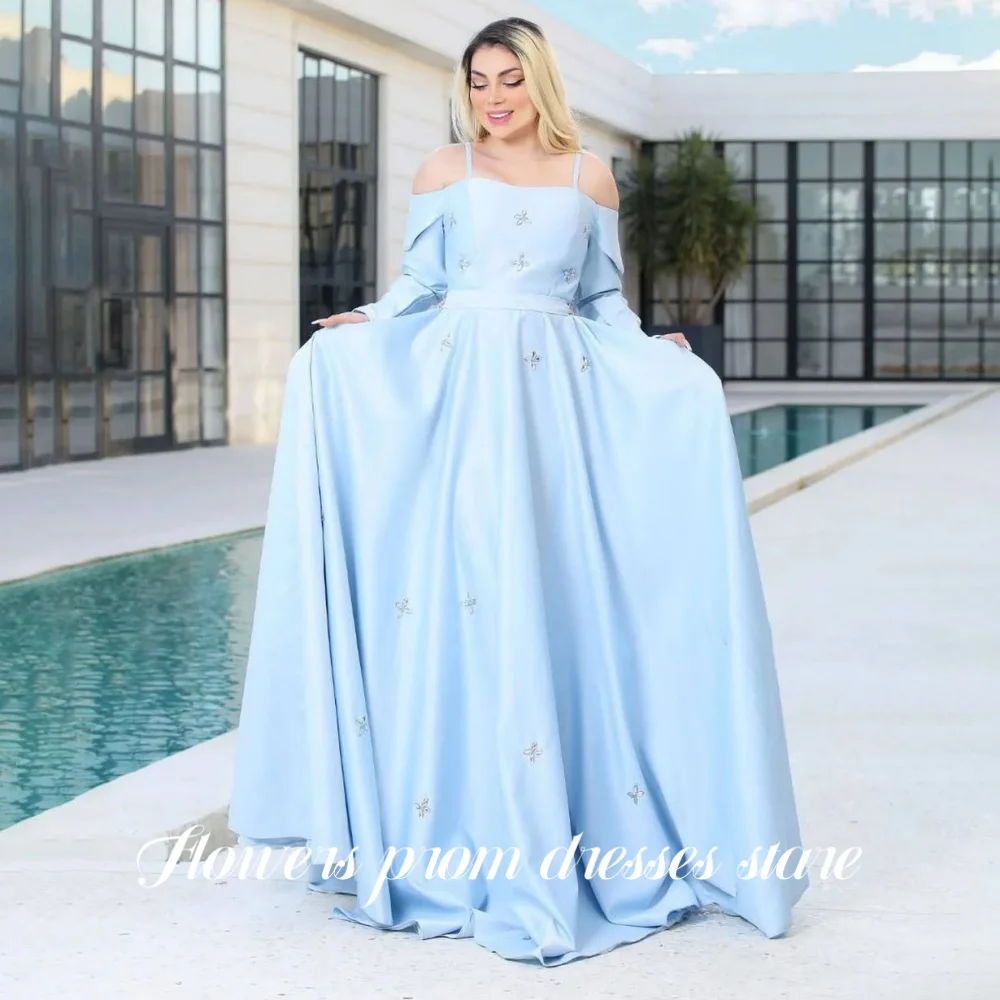 

Flowers Sky Blue Off Shoulder Prom Dress Crytal Stones Evening Dress A Line with Pleats Celebrity vestido de fiesta Customized