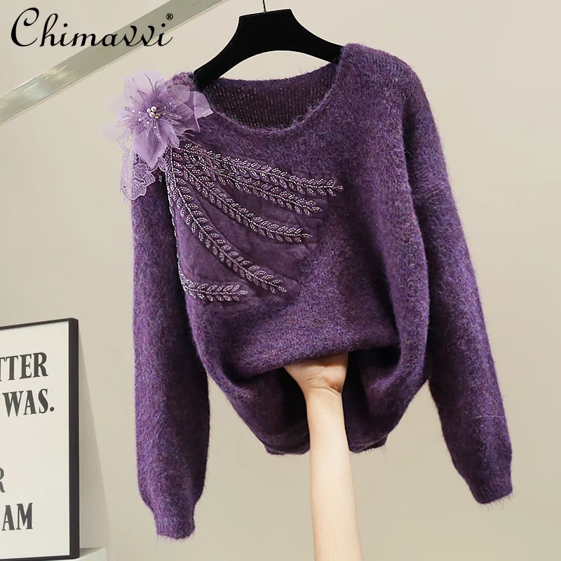

Fashion Heavy Purple 3D Flower Long Sleeve Knitted Sweater Women Autumn Winter New Sweet Girl Loose Elegant Pullover Sweater Top