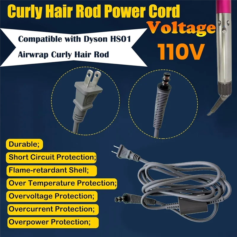 ABKR-Replace Curly Hair Rod Power Cord For Dyson HD01 HD02 HD03 HD04 HD07 HD08 Airwrap Hair Styler AC Charger Cable US Plug