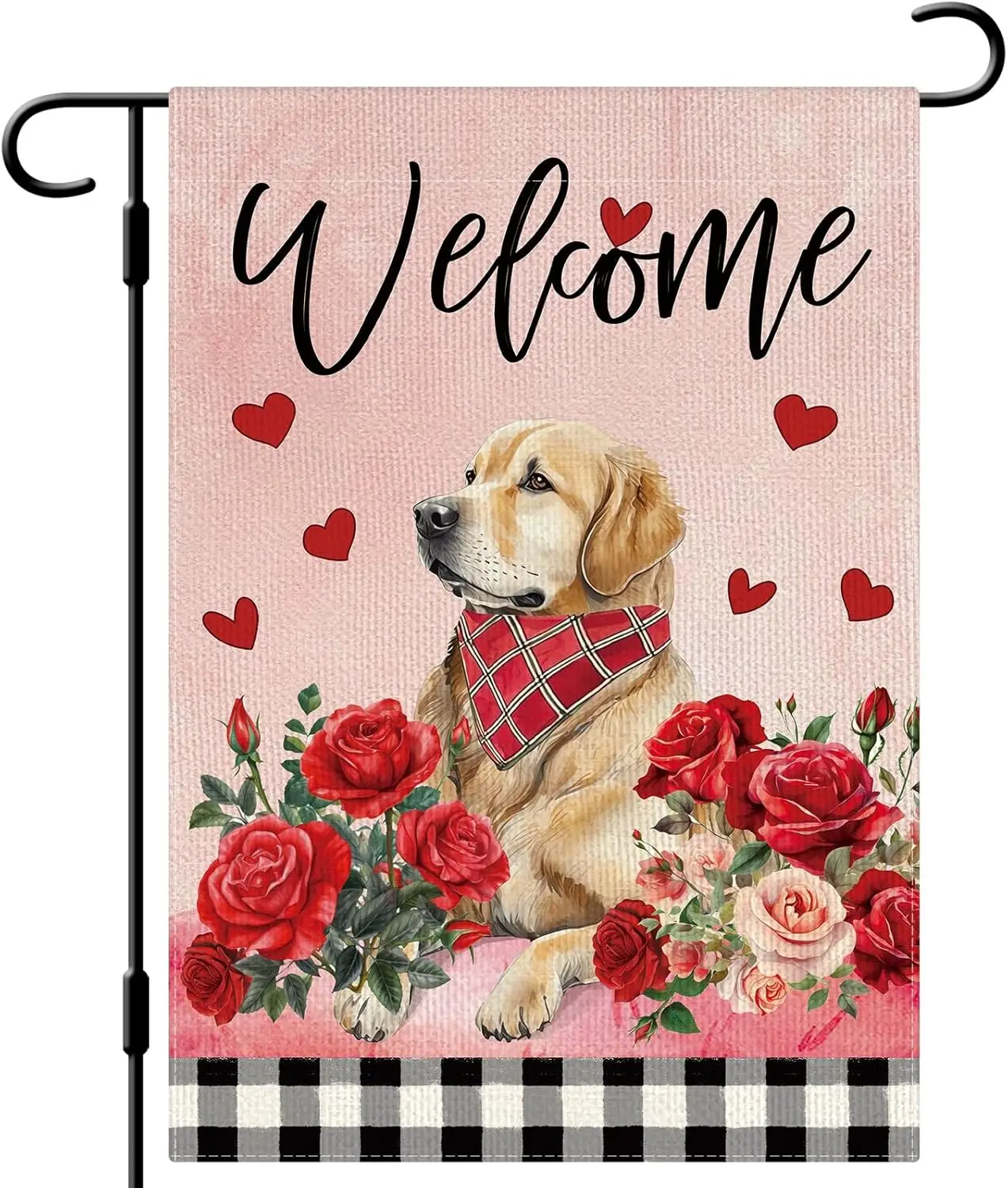 DLZDN Welcome Valentines Day Dog Garden Flag Love Heart Roses Golden Retriever Flag 12×18 Inch Double Side Buffalo Plaid Far EEZ