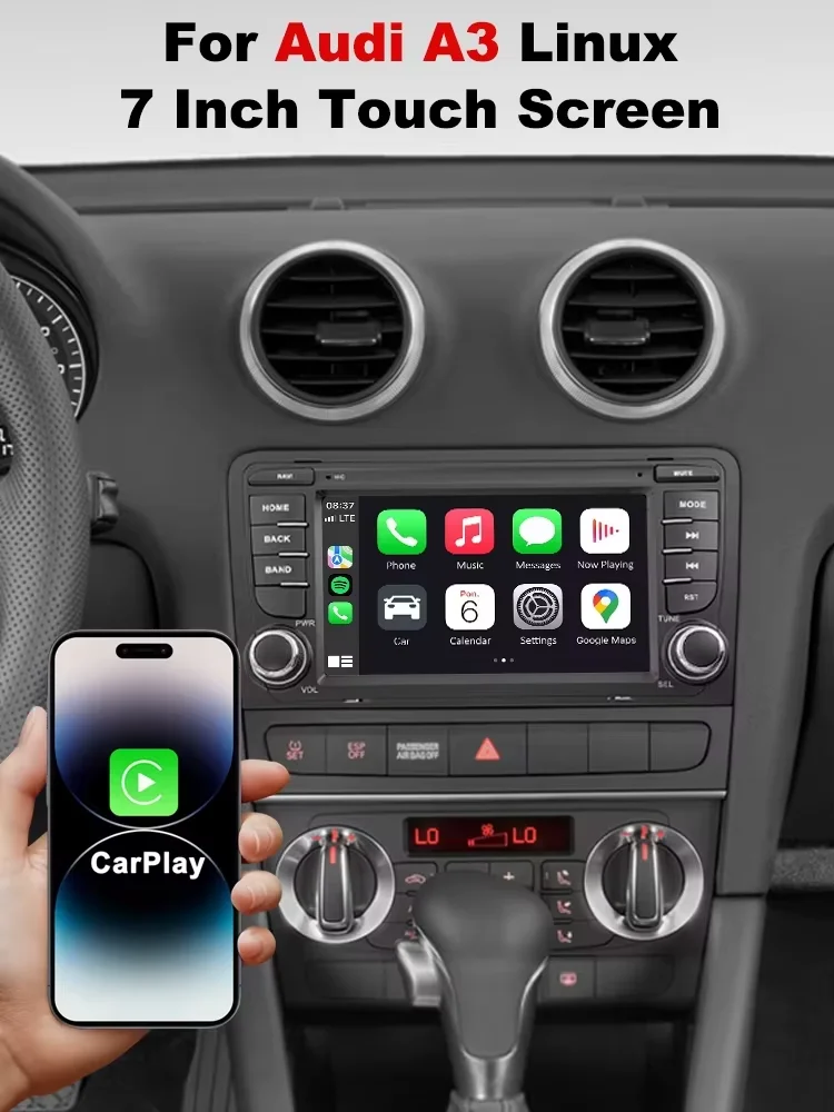 7-calowe bezprzewodowe radio samochodowe z CarPlay i Android Auto, system Linux, do Audi A3 8P 2003-2012, multimedialny odtwarzacz wideo z dotykowym ekranem, obsługą YouTube online, AirPlay, Autolink, — 2