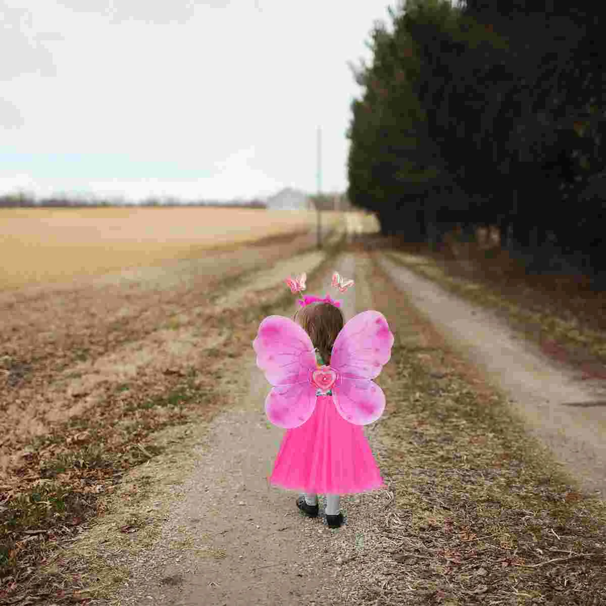 Sparkly Butterfly Wings Four Piece Set Girls Outfits Fairy Skirt Fabric Gauze Short Dress