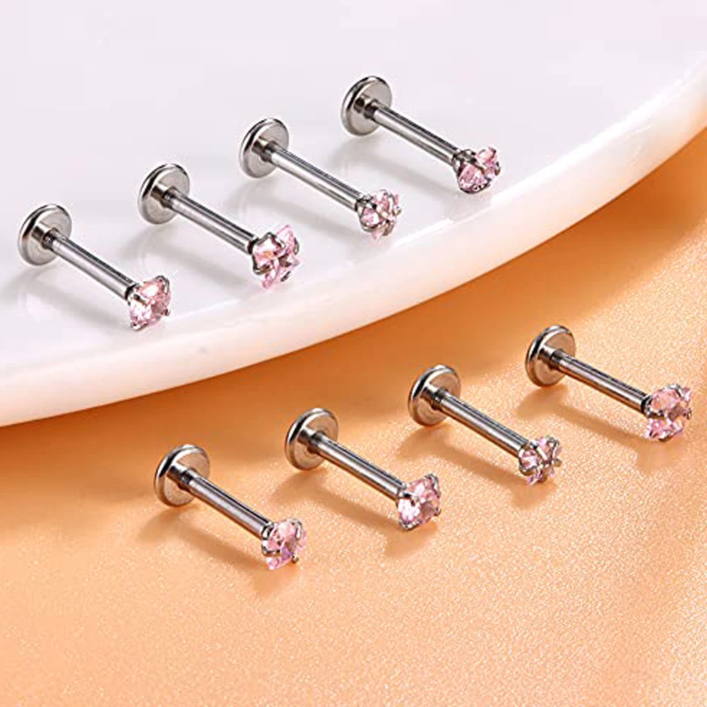 16G Stud Lip Rings Piercing Stainless Steel CZ Cartilage Tragus Piercing Jewelry Forward Helix Earrings Nose 6/8/10mm Pink