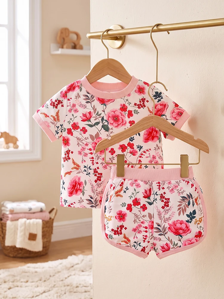1 Set of Baby Girls' Short-Sleeved Shorts Set with Pink Floral Pattern, Suitable for Daily Wear