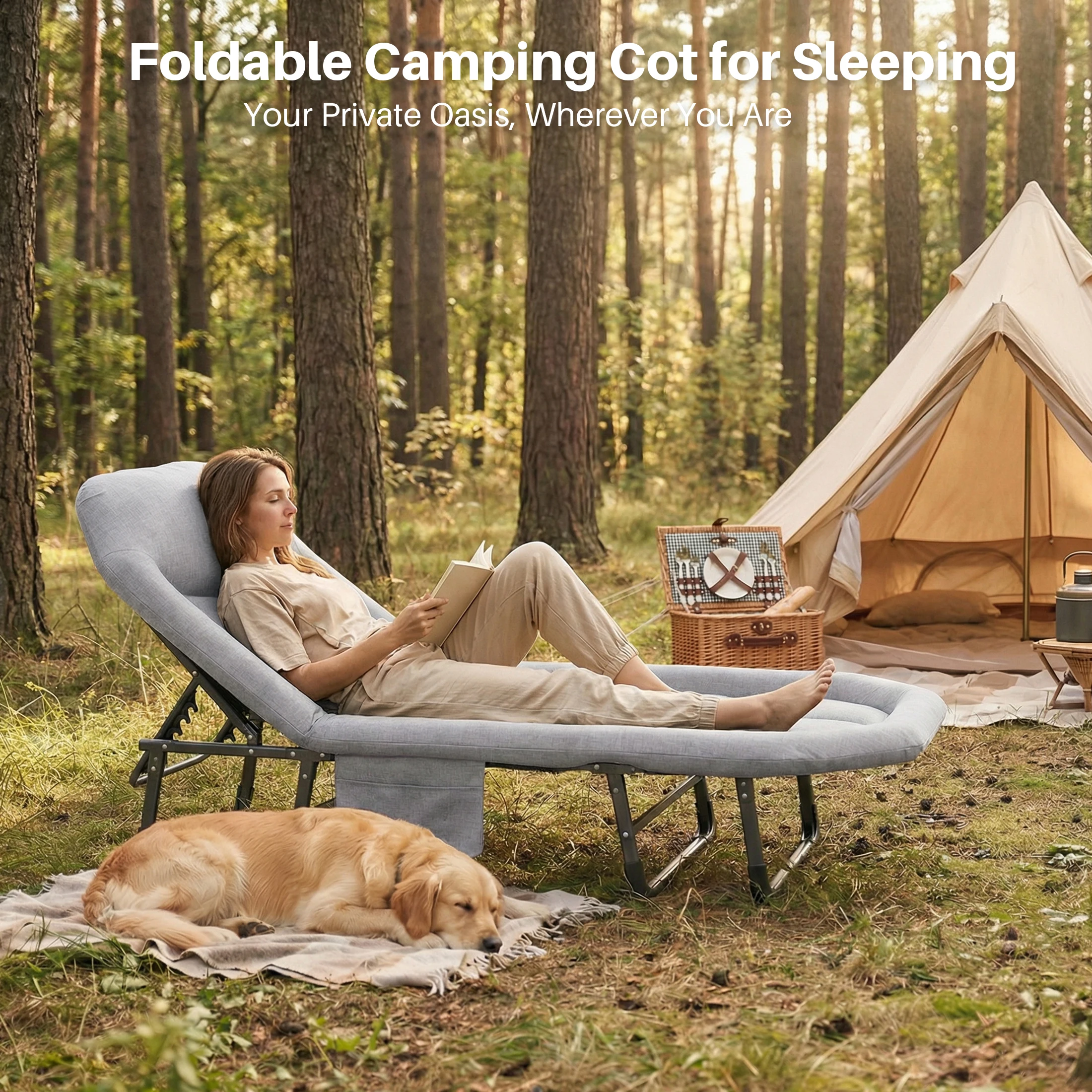 vue de l'installation du lit de camping pliant