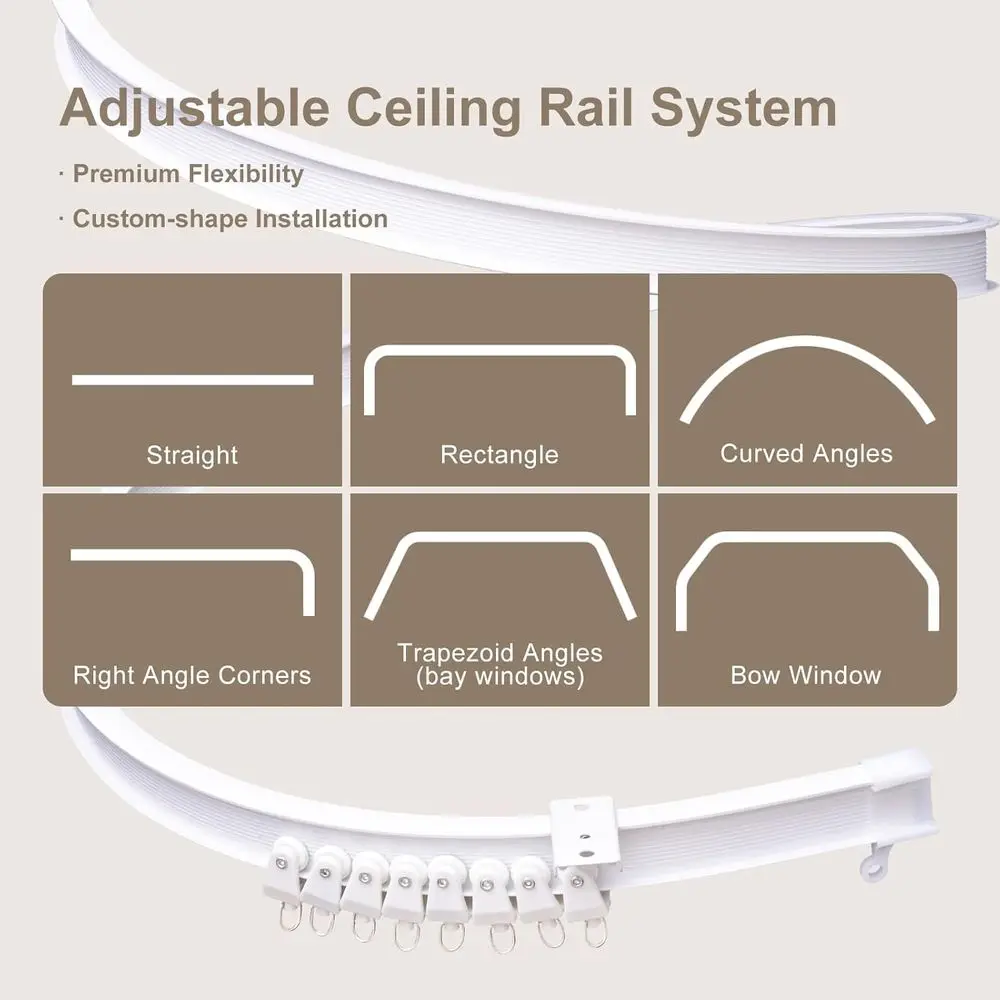 Flexible Ceiling Track Curtain Set, Beige Privacy Divider with White Rail for Living Spaces