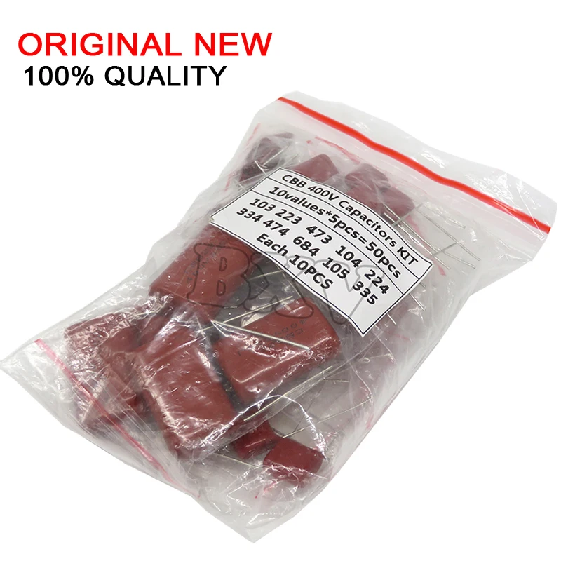 50PCS=10Value*5PCS 400V 10nF ~ 3.3UF CBB Assortment Kit Metallized Polye ster Film Capacitors 