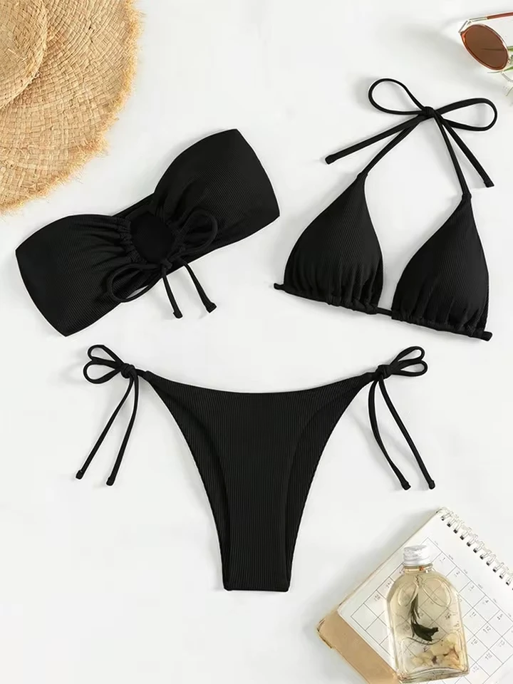 Vzvn Sexy Solid Lace Up Strapless Bikinis Women Split Swimsuit Beach Brazil Bikini 2026 All Season Backless Bikinis 3 Piece Set