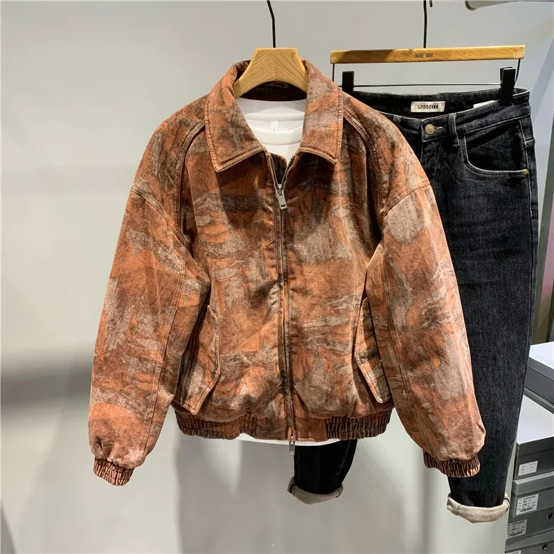 

Retro American Print Collar Short Men's down Jacket Trendy Brand Cold Resistant White Duck down Loose Outerwear