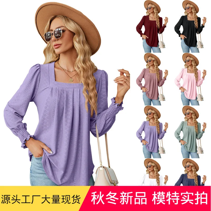 

2025 Autumn and Winter New Jacquard Pleated Square Neck Long-sleeved Dovetail Solid Color T-shirt Women