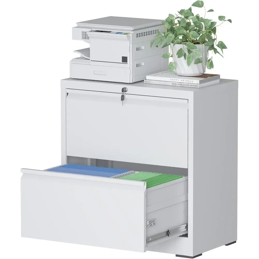 Heavy Duty Metal Lateral File Cabinet with Lock, 2 Drawers for Home Office, Holds Letter/Legal/A4 Files, White, Assembly Require