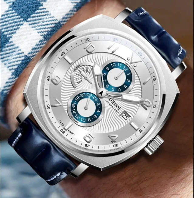 LOBINNI Men Automatic Watch 43MM Square Mechanical Wristwatch 50M Waterproof Sapphire Multi-Dial Month Week 24 Hours