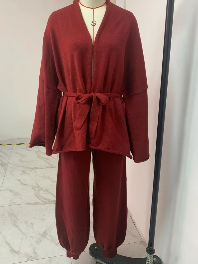 Knit Two Piece Set Cardigan Pants Set Wrap Style V Neck Belted Wide Leg Loose Solid Color Long Sleeve Party Clubwear Set 2026
