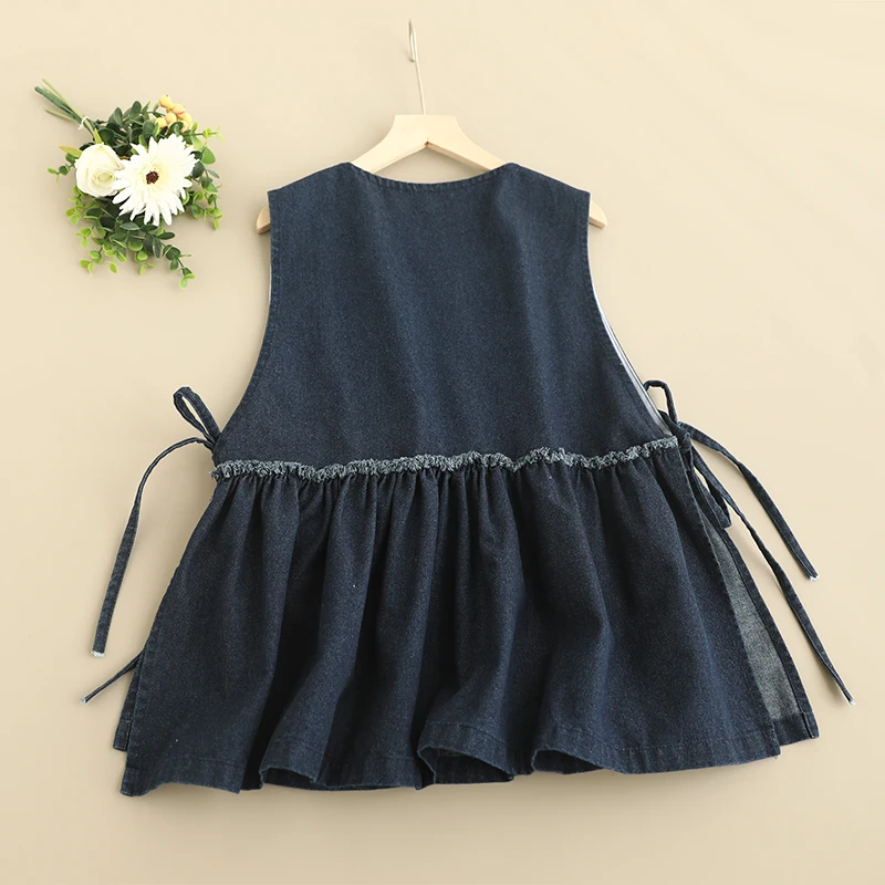 Japanese Sweet Mori Girl Ruffles Side Lace Up Denim Vest Tank Tops Women Spring Summer O-Neck Sleeveless Pullover Vest Outwear