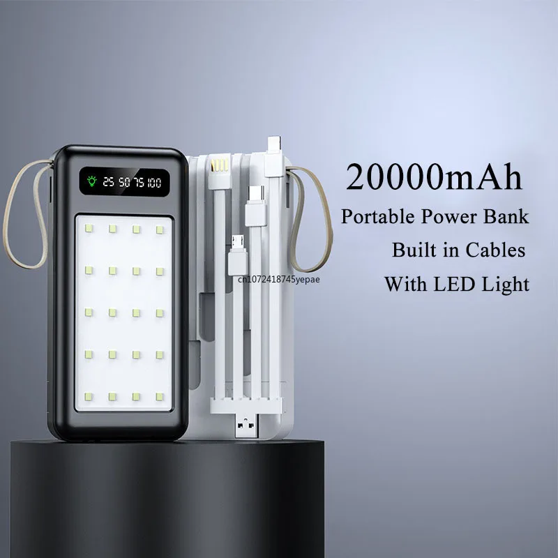 

Внешний аккумулятор (Power Bank) 20000 мАч для улицы, портативный, со встроенными кабелями, LED-фонариком, для iPhone 16, Xiaomi, Samsung