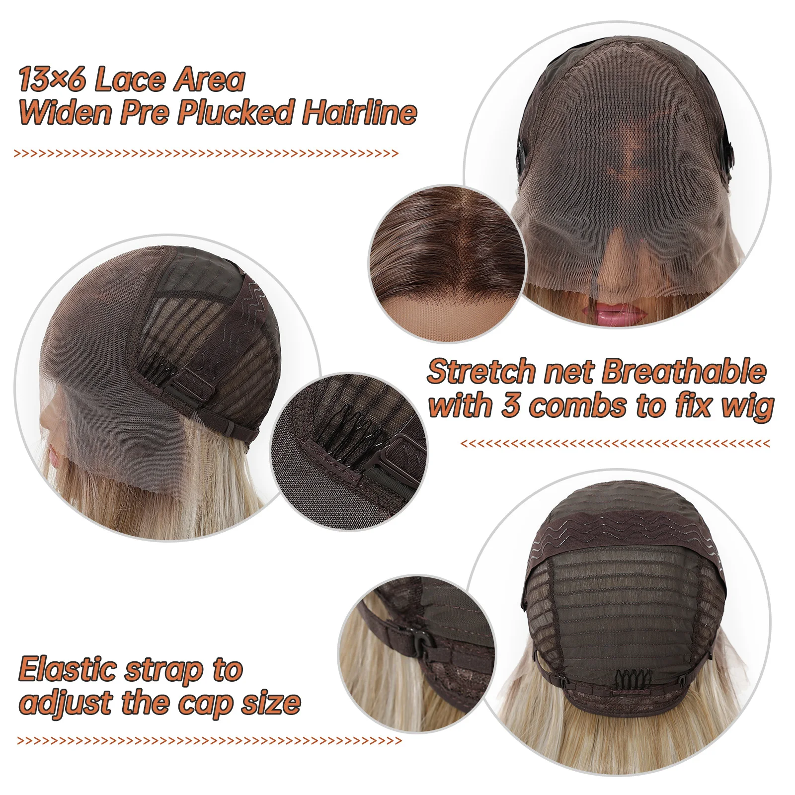 วิกผมสังเคราะห์แบบตรงสีน้ำตาลอมบลอนด์ไล่เฉดสี สำหรับผู้หญิง ยาว 22 นิ้ว วิกผมทรงเลเยอร์ธรรมชาติ พร้อมโคนผมสีเข้ม  ฐานลูกไม้ 13*6