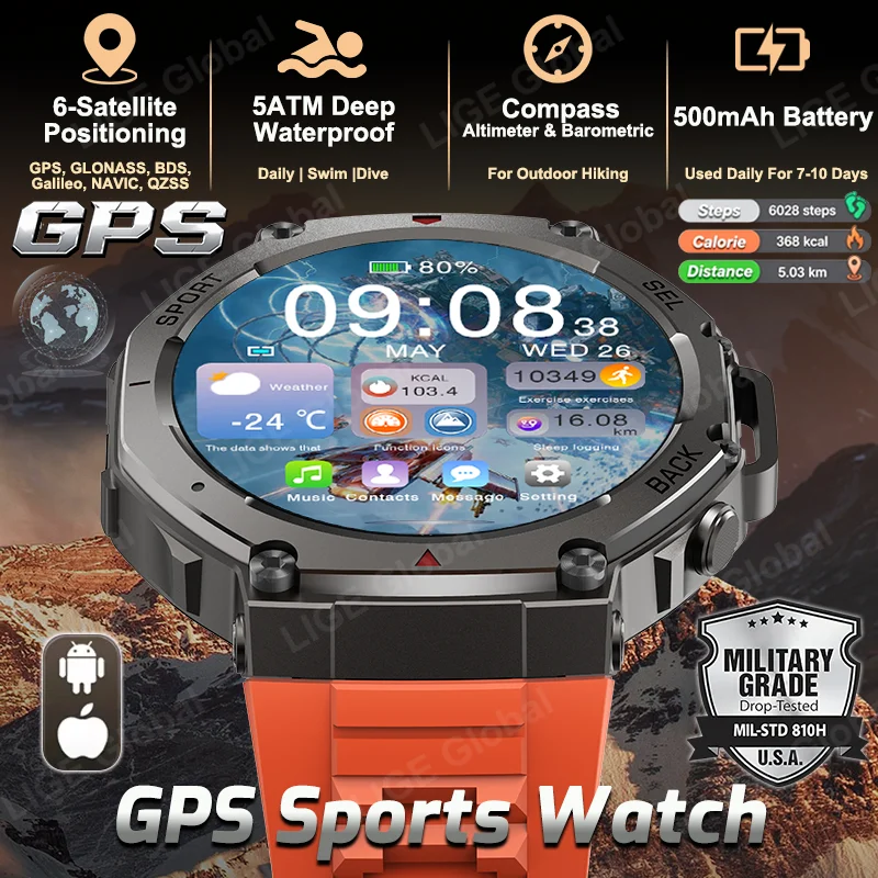 LIGE 2026 New Military Bluetooth Call Smart Watch Built-in GPS Compass Barometric Altimeter 5ATM Waterproof Sport Smartwatch Men
